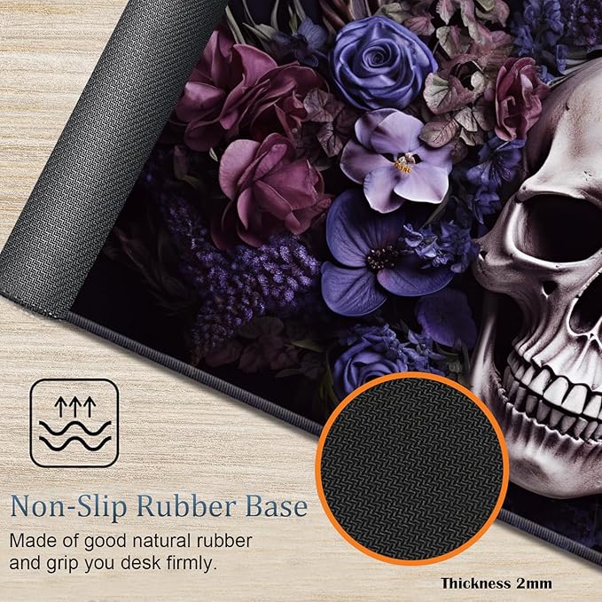 Large Gaming Mouse Pad + Wrist Rest + Lace Coaster Non-Slip Set with Sewn Edges and Waterproof Expandable Desktop Pad Suitable for Office/Home Skull Purple Flower