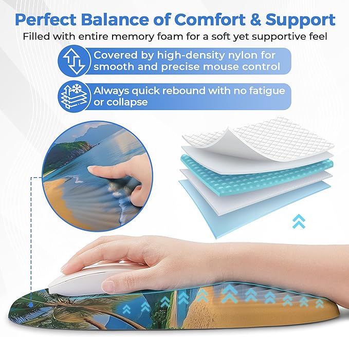 Ergonomic Mouse Pad with Wrist Support Memory Foam Wrist Rest for Pain Relief &amp Carpal Tunnel Non-Slip Base for Office Computer PC Laptop (12x8x1.2inch Yellow Beach)