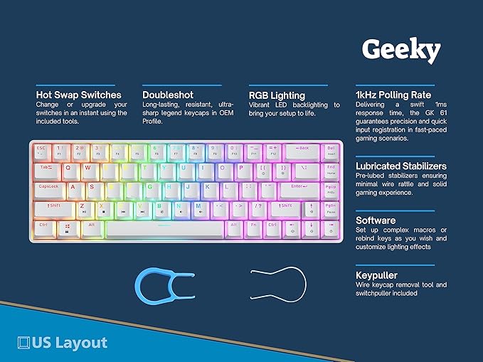 Geeky GK65 65% | Hot Swappable Mechanical Gaming Keyboard | 68 Keys Multi Color RGB LED Backlit for PC/Mac Gamer | ANSI US American Layout (White Mechanical Black)