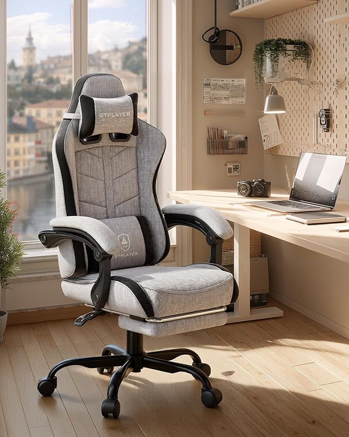 GTPLAYER Gaming Chair with Footrest Computer Gaming Chair for Adults and Kids Height Adjustable Gamer Chair with 90-155° Recline &amp Removable Headrest Lumbar SupportLinen Fabric Gray-Black