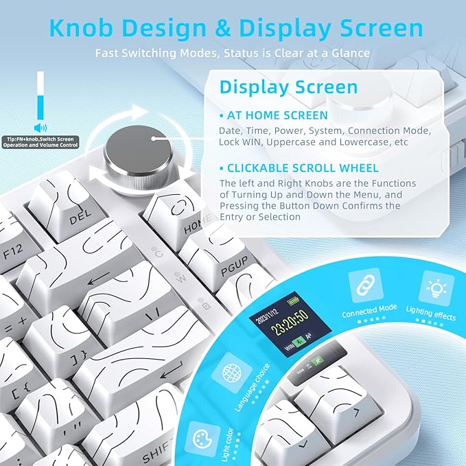 ATTACK SHARK X85PRO 75% Wireless Mechanical KeyboardTFT Smart Display &amp KnobBT/2.4GHz/Wired Gaming KeyboardContour Side Print Shine-through KeycapsRGBHot-Swapwith Pro Cable for PC/MAC (Whit