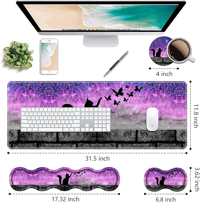Ergonomic Keyboard Wrist Rest &amp Mouse Pad Wrist Rest Set Large XXL Gaming Desk Mat 31.5x 11.8 with Non-Slip Base Memory Foam Easy Typing Pain Relief for Home &amp Office Black Cat and Butte