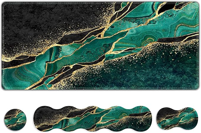 Extended Gaming Mouse Pad Keyboard Wrist Rest Pad Wrist Support Mousepad Set Artso Large Stable Rubber Base Stitched Edges Desk Pad (35 x15.5 in) for Work Game Office Home Emerald Marble