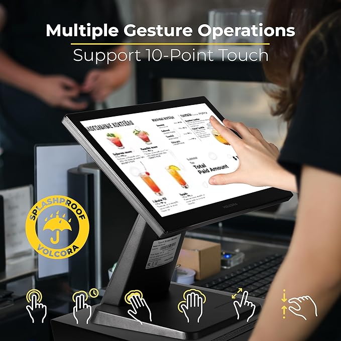 Volcora 15.6 Black LED Touch Screen Monitor with Metal Stand - Backlit 1366 * 768 with VGA HDMI Connection for Small Business Restaurant Office - No Driver Required (Not Compatible with macOS/iOS)