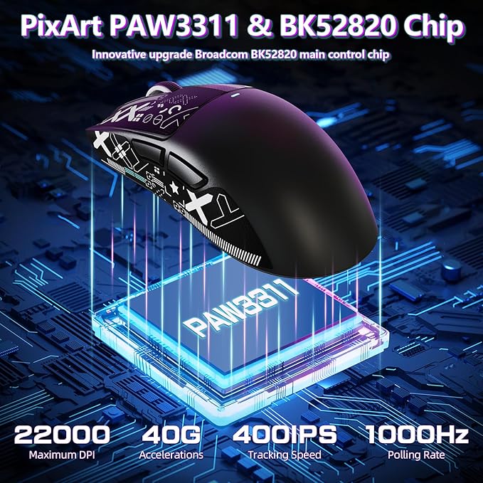 MAMBASNAKE Attack Shark X11SE Lightweight Wireless Gaming Mouse Tri-Mode 2.4G/USB-C Wired/BT 22K DPI PAW3311 Optical Sensor 59g 5 Programmable Buttons 300mAh Battery for PC/Mac(Black-Griptape)