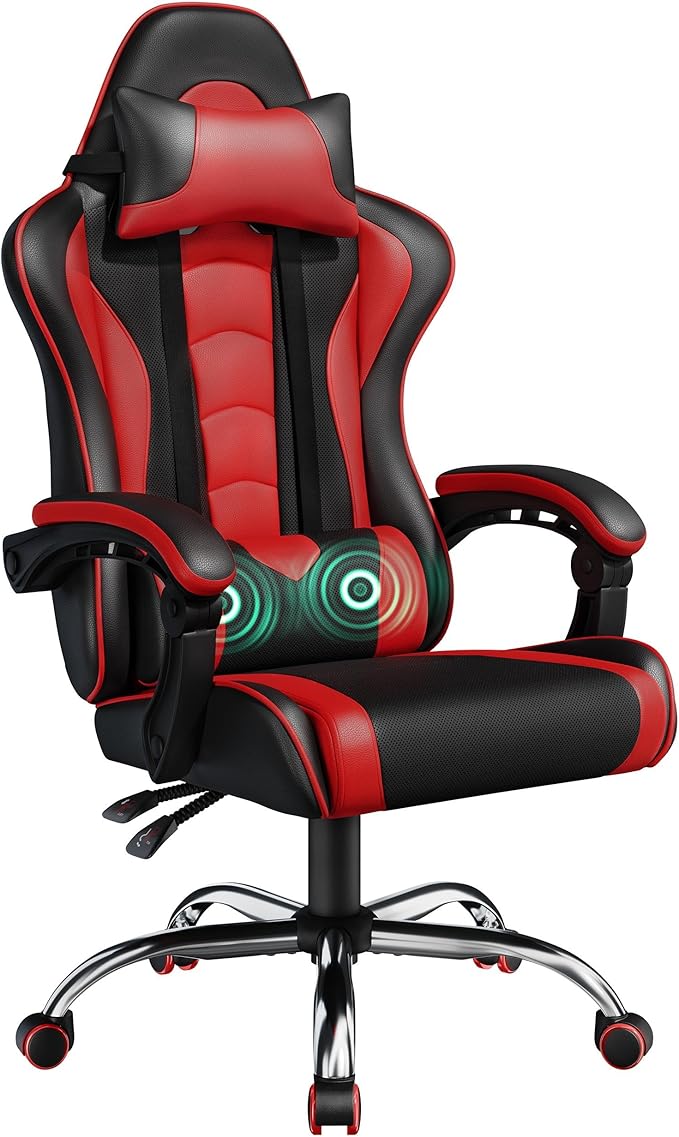 Yaheetech Gaming Chair Computer Office Chair with Headrest and Massage Lumbar Support Height Adjustable Ergonomic Chairs with Swivel Seat Black/Red