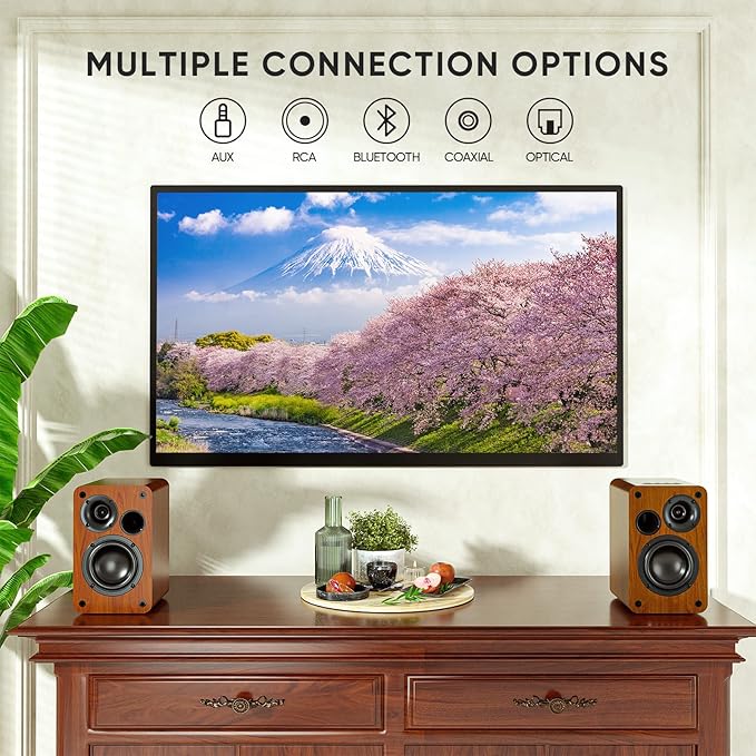 Saiyin Bluetooth Bookshelf Speakers 30W X 2 Powered TV Speakers with 3.5 Inch Woofer Turntable Speakers with Optical/AUX/RCA Input for PC and TV