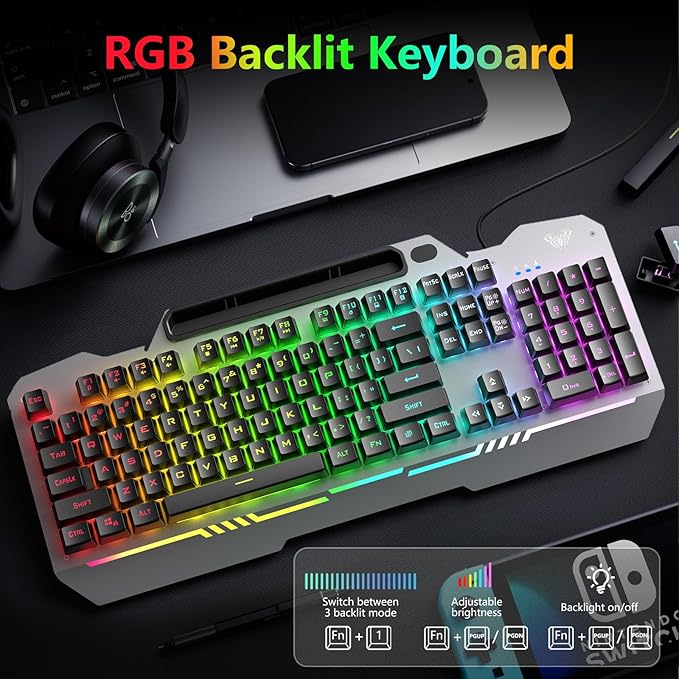 AULA Keyboard T102 104 Keys Gaming Keyboard and Mouse Combo with RGB Backlit Number Pad All-Metal Panel Waterproof Light Up PC KeyboardUSB Wired Computer Keyboards Gaming for Win XP/7/8/10 PC Gamer