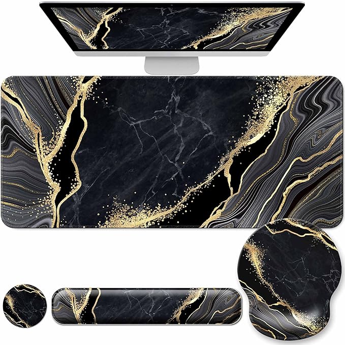 Desk Mat Set + Keyboard and Mouse Pad with Wrist Rest Support4-in-1 Large Mousepad Computer Mats for Desktop Home &amp Office-Marble 3