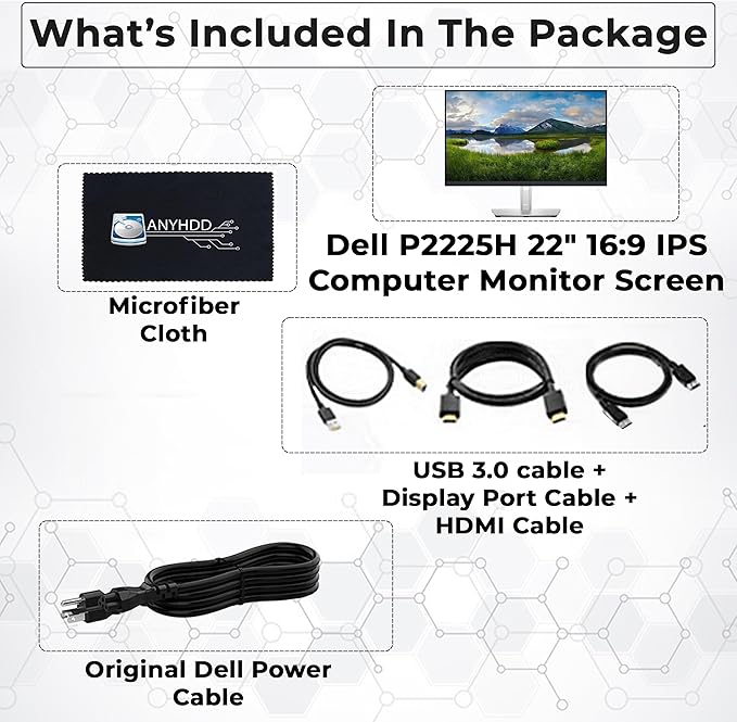 Dell P2225H 22 16:9 IPS Computer Monitor Screen with DisplayPort and USB 3.0 Upstream Cables with Power Cord + USB 3.0 Upstream Cable + Display Port Cable + HDMI Cable + Microfiber Cloth (Renewed)