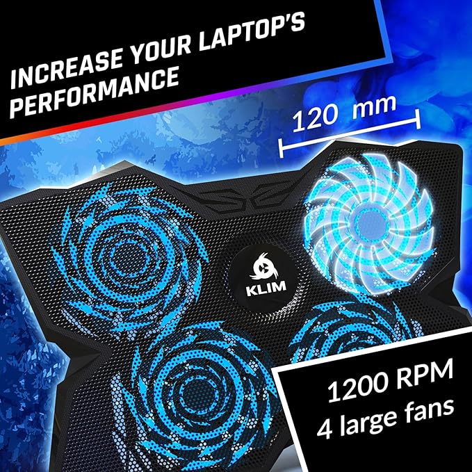 KLIM Wind Laptop Cooling Pad - More Than 500000 Units Sold - New Version - Powerful Rapid Action Laptop Cooler - Laptop Stand with 4 Cooling Fans - 2 USB Ports - PC Mac PS5 PS4 Xbox One - Diamond