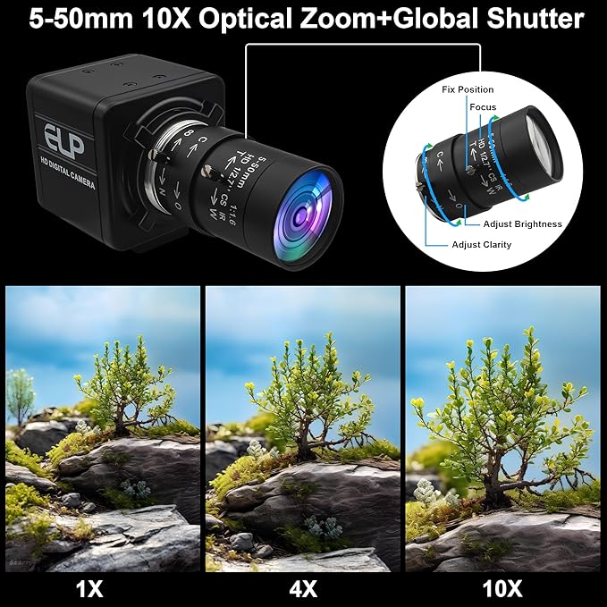 ELP Global Shutter USB Webcam - 1080P 90fps Manual Zoom Variable Focus AR0234 Close-up Camera for Laptop