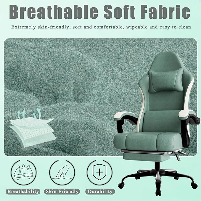 Gaming Chair High Back Fabric Computer Chair with Pocketed Spring Cushion and Footrest Height Adjustable Game Chair with Headrest and Lumbar Support (Beige &amp Blue)