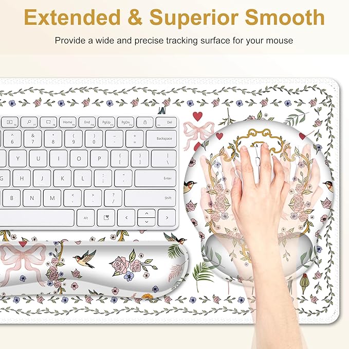 White Florals Mouse Pad XXL Large Desk Mat Extended Nature Aesthetic Desk pad 4 PCS Non-Slip Rubber Base Computer Big Mousepads for Work Game Office Home Decor I Weeds Vintage Birds