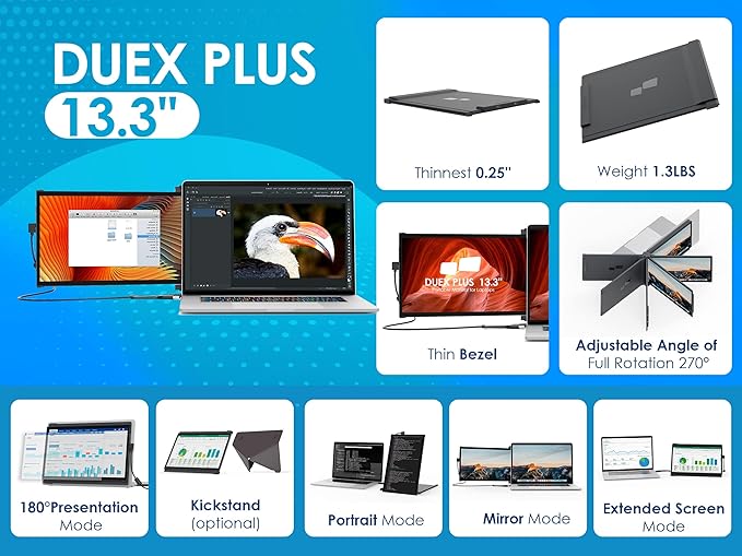 New Mobile Pixels Duex Plus Portable Monitor 13.3 Full HD 1080P IPS Dual Laptop Monitor USB C/USB A Plug and Play Portable DisplayWindowsMacAndroidSwitch Compatible