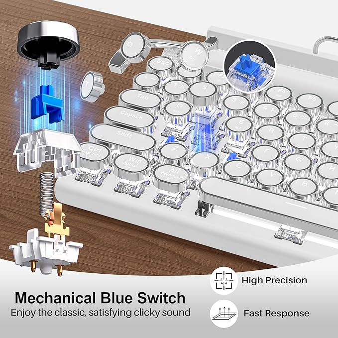 Retro Typewriter Wireless Mechanical Gaming Keyboard Bluetooth 5.0 Office Computer Vintage Keyboards 83-Key Blue Switches Punk Round Keycap LED Backlight Compatible with PC/Laptop/Pad/Phone White
