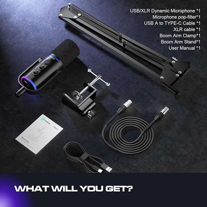 XLR/USB Podcast Microphone Gaming Mic with Mute Button Reverb Effects Noise Cancellation Boom Arm Stand Headphones Jack Dynamic Microphone for Streaming/Recording/Gaming/Vocal-Black