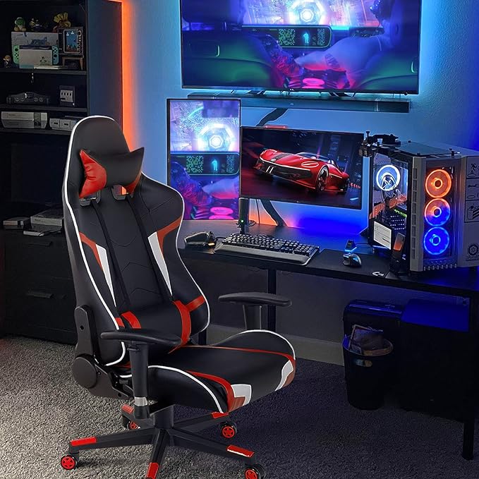 GYMAX Gaming Chair Massage Gaming Chairs for Adults with Headrest Lumbar Support &amp Armrest Video Computer Reclining Gaming Chair Office Desk Gamer Task Chair (Red)
