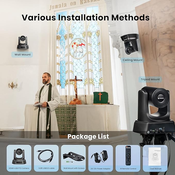 TONGVEO Conference Room PTZ Camera System with 20X Optical Zoom AI Auto Tracking 1080P 60fps HDMI USB Webcam for Church Streaming Online Video ConferenceCompatible with Zoom OBS Easy Setup