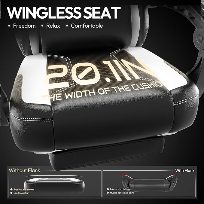 Dowinx Gaming Chair with Pocket Spring Cushion for Adults Ergonomic Computer Chair with Footrest and Massage Lumbar Support High Back Leather Game Chair for Office Gaming 300LBS White