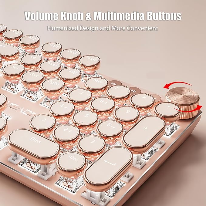 Typewriter Style Mechanical Gaming Keyboard White LED Backlit 104-Key NKRO Pink Switches Retro Round Keycaps Golden Ring Volume Knob Metal Panel Wired USB-C Detachable Cable Rose Gold