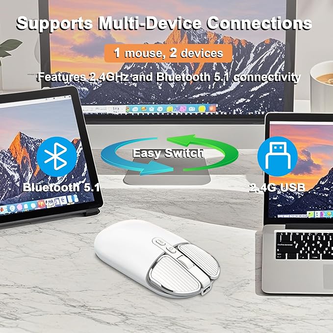 Wireless Mouse Bluetooth Cute Ultra Slim Silent Computer Mice with USB Receiver Dual-Mode 2.4G &amp Bluetooth Rechargeable Portable USB Cordless Mouse for Laptop PC Desktop Tablet Kids Adults GiftWh