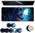 Keyboard Mouse Pad Set Extended Gaming Mouse Pad+Ergonomics Keyboard Wrist Rest Support Memory Foam Easy Typing Pain Relief 4Pcs XL Ultra Thick Desk MatBlue Moon Wolf Fantasy