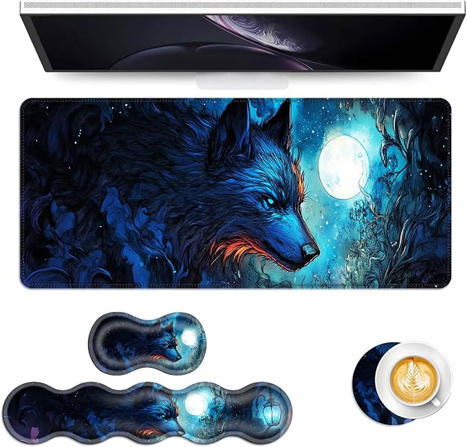 Keyboard Mouse Pad Set Extended Gaming Mouse Pad+Ergonomics Keyboard Wrist Rest Support Memory Foam Easy Typing Pain Relief 4Pcs XL Ultra Thick Desk MatBlue Moon Wolf Fantasy