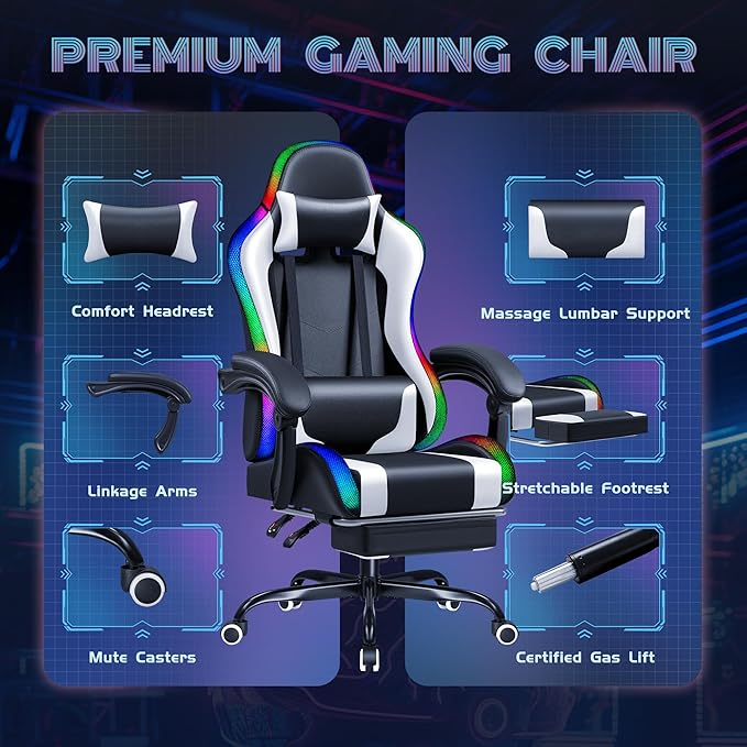 Furmax Gaming Chair with RGB LED Lights Video Game Chair with Footrest and Massage Lumbar Support High Back Reclining Computer Chair with Headrest Swivel Seat Gamer Chair (LED White)