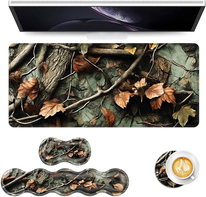 Keyboard Mouse Pad Set Extended Gaming Mouse Pad+Ergonomics Keyboard Wrist Rest Support Memory Foam Easy Typing Pain Relief 4Pcs XL Ultra Thick Desk MatAutumn Leaves Branch Camo