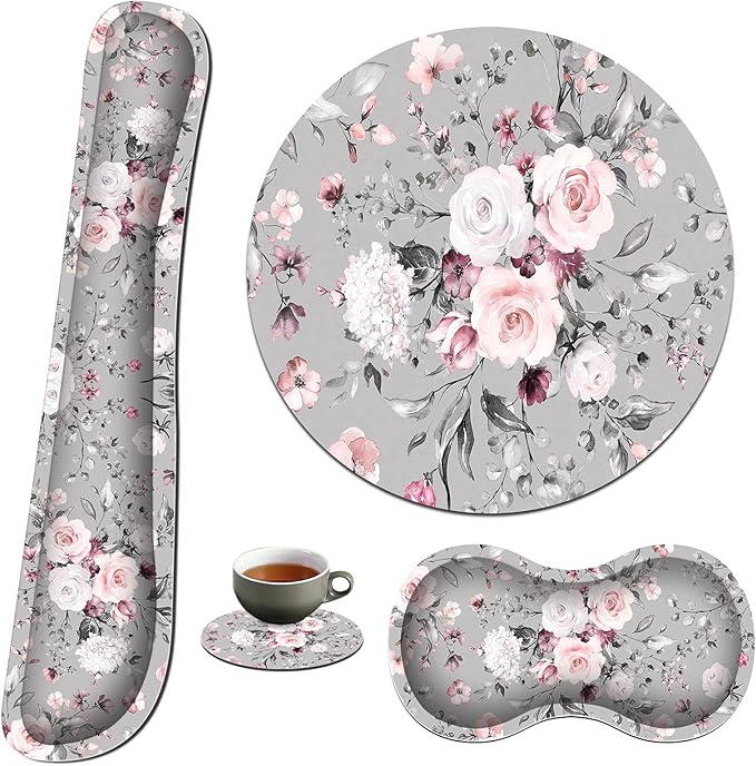 Keyboard Wrist Rest &amp Mouse Pad &amp Mouse Wrist Rest Support &amp Coaster Non Slip Rubber Base Wrist Support with Ergonomic Raised Memory Foam for Computer Laptop Home Office Pink Rose Floral