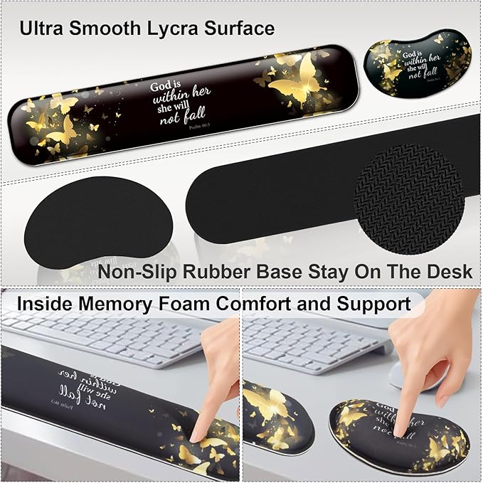 Keyboard Wrist Rest + Mouse Pad with Wrist Support + Desk Mat + Coaster 4 in 1 SetDesk Matt for DesktopCute Large Gaming Ergonomic Mousepad for Computer Laptop Office Home Decor-Gold Butterfly