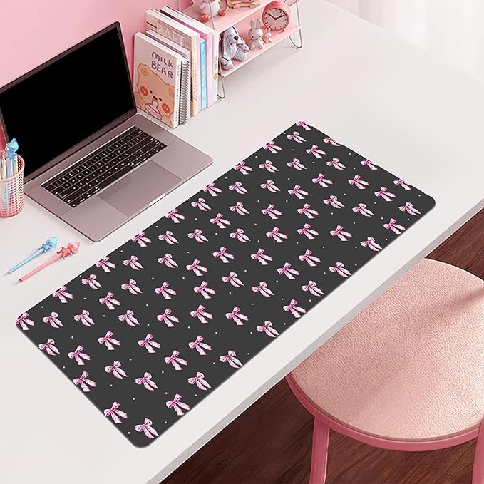 Idocolors Pink Bow Desk Mat Cute Extended Gaming Keyboard Mouse Pad Large Office Desk Cover Mat Pad Deskmat Non-Slip Leather Home Office Desk Mat Protector 31.5×15.7