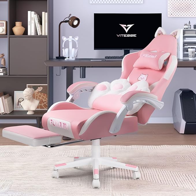 VITESSE Pink Gaming Chair for Girl with Cat Paw Lumbar Cushion and Cat EarsErgonomic Computer Chair for Girl with Footrest and Headrest Comfortable Reclining PC Game Chair for AdultKid (White)