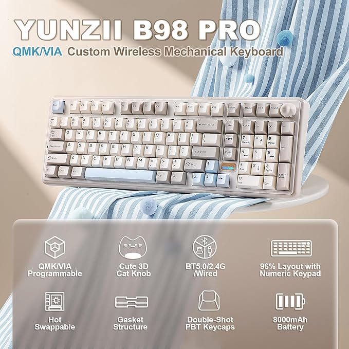 YUNZII B98 PRO QMK/VIA Wireless Mechanical Gaming Keyboard 96% Layout with Numpad and Cute Cat Knob BT/2.4G/USB-C Pre-Lubed Switch Hot Swap Gasket RGB for Win/Mac (Beige Candy Linear Switch)