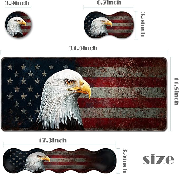 Ergonomic Keyboard Wrist Rest &amp Mouse Pad Wrist Rest SetXL Gaming Desk Mat 31.5x 11.8Non-Slip BaseMemory FoamEasy Typing Pain Relief for Office &amp HomeVintage USA Flag Bald Eagle