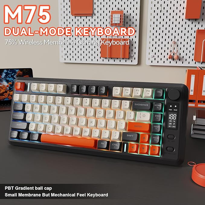 ZIYOU LANG M75 Wireless Gaming Keyboard RGB Backlit Rechargeable 2000mAh Battery Small Membrane But Mechanical Feel Keyboard with Smart Display &amp Knob PBT Gradient keycaps for PC MAC - Shimmer