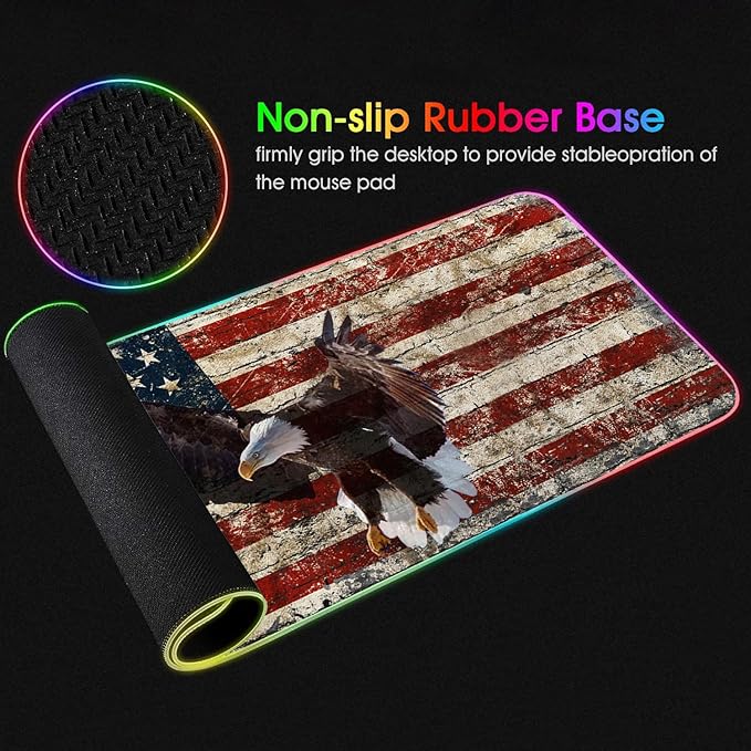 RGB Gaming Mouse Pad with Coffee Coaster XXL Large Glowing LED Mousepad Anti-Slip Rubber Base Computer Keyboard Desk Mouse Mat 31.5 X 11.8 Inch - Military Wall Graffiti USA Flag Bald Eagle