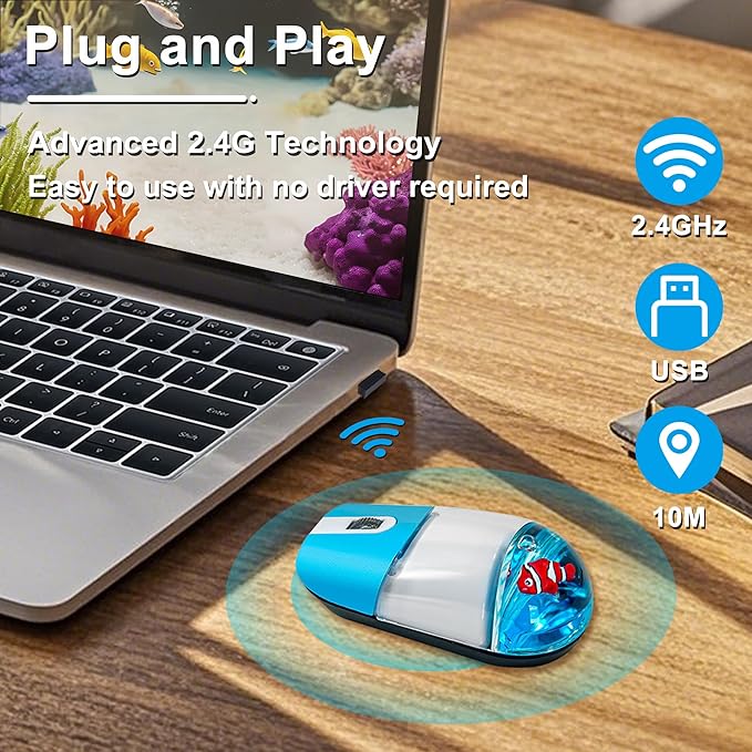 Wireless Mouse with Liquid Water Section &amp Floater Animal Portable Retro Silent Cute Aqua Mouse with USB Receiver Lightweight 1000DPI Optical Clear Water Mice for Laptop PC Computer (Blue Clownfi