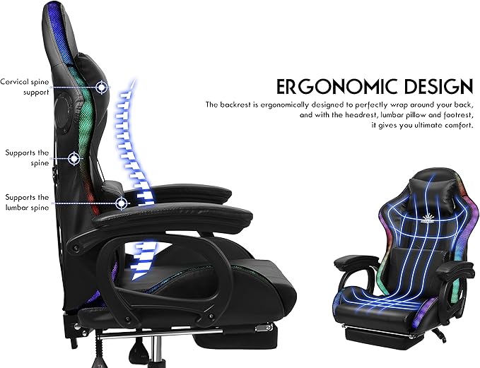 Enhance Your Gaming Experience with Our Ergonomic Reclining Gaming Chair with RGB LED Lights Massage and Dual Speakers - Perfect for Adults Teens and Kids! (Pink + White)