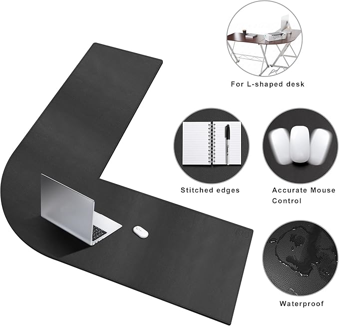 Cacoy 54 x 59 L-Shaped Desk Pad PU Leather Corner Desk Mat L Shape Gaming Computer Mouse Pad Waterproof Office Writing Mat Corner Mouse Mat for L Shape Computer Desk Black