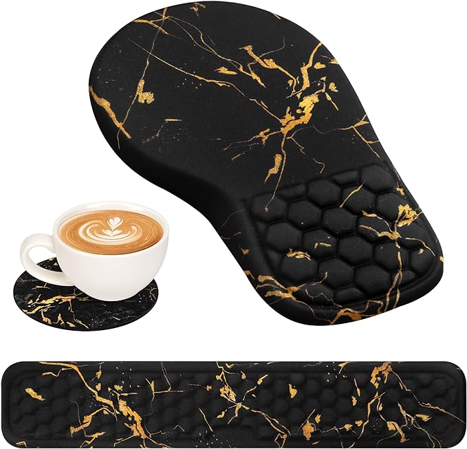 EYROZILL 3 in 1 Ergonomic Wrist Rest for Keyeboard and Mouse Non-Slip Desk Mouse Pad with Wrist Support Keyboard Wrist Rest and Mouse Pad Set Massage Design (Black Marble)