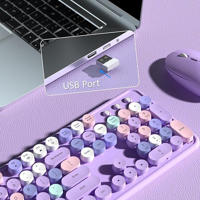 Colorful Wireless Keyboard and Mouse Combo COVEVA 2.4GHz Wireless Retro Cute Round Keycaps Keyboard 104 Keys Full-Sized Keyboard Mouse Set with Switch Button for PC Laptop Desktop (Purple Colorful)