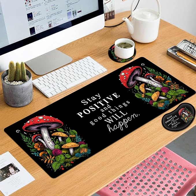 Large Mouse Pad with Mouse Wrist Rest 31.5x11.8 in Extended Mouse Mat with Non-Slip PU Base Ergonomic Memory Foam Wrist Rest for Work &amp Gaming Writing Pad Red Mushroom Black Office Desk Pad