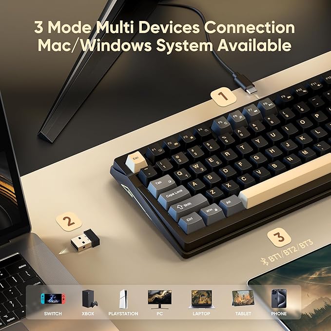 RedThunder K95 Wireless Mechanical Keyboard TFT Screen &amp Knob Tri-Mode BT5.0/2.4GHz/USB-C Hot Swappable Custom Pre-lubed Linear Pink Switches Gasket Structure RGB Gaming Keyboard Black-Gold