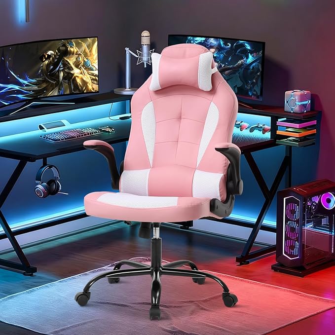 Gaming Chair Racing Chair with Lumbar Support - High Comfort PU Leather Ergonomic Office Desk &amp PC Gaming Chair for Adults Men Women - Flip-Up Arms &amp Headrest Pink
