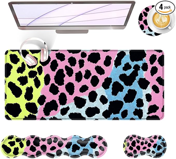 Large Keyboard Mouse Pad Set Extended Mouse Pad+Keyboard Wrist Rest Support Memory Foam Ergonomic Easy Typing 4Pcs (31.5×11.8 in) Desk Pad Set for Office HomeLeopard Print