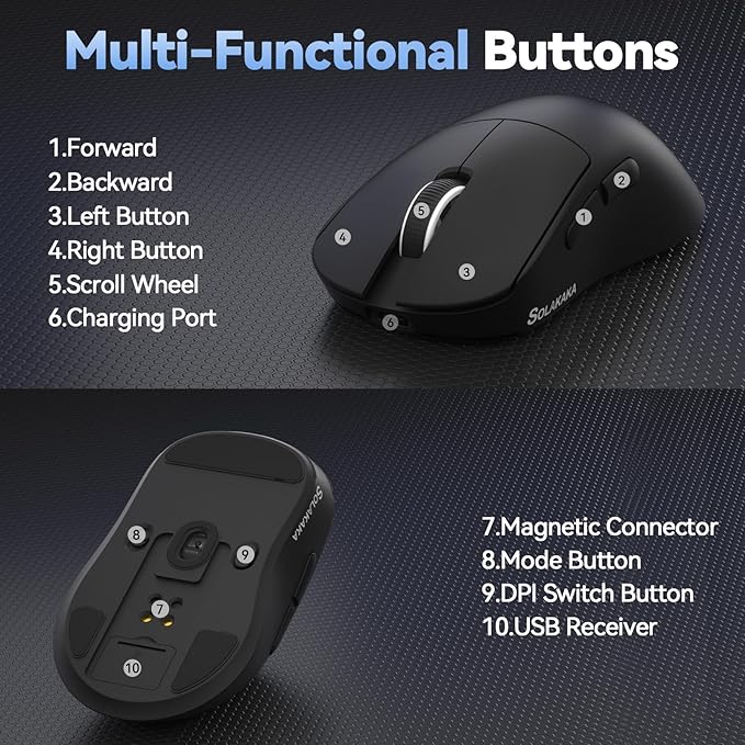 SOLAKAKA SM822 Wireless Gaming Mouse with RGB Charging Dock Tri-Mode Wireless Mouse PAW3311 Optical Sensor Up to 24000DPI 62g Lightweight Mouse with 5 programmable Buttons for PC Laptop (Black)