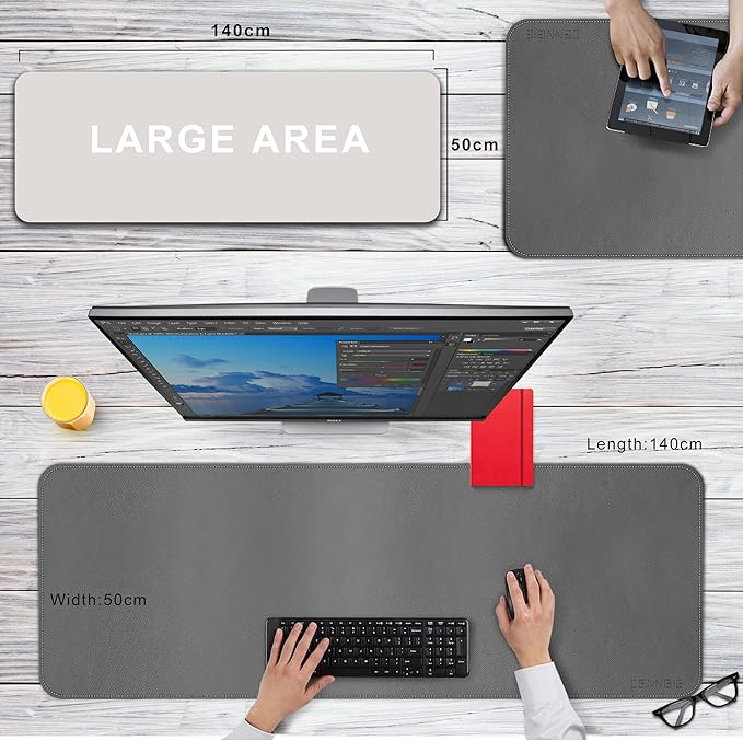 CENNBIE Leather Desk Mat 55''x19.6'' Extra Large Desk Pad Blotter Protector Extended Non-Slip Mouse Pad Waterproof PU Leather Desk Mat on top of desks Large for Office and Home (Grey)