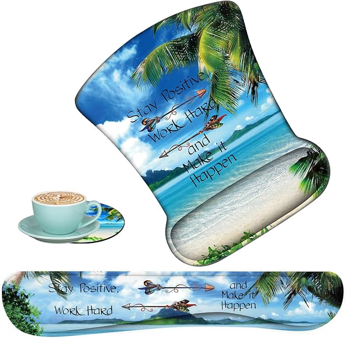 Keyboard Wrist Support + Wrist Mousepad + Coaster Combination Non-Slip PU Base with Gel Memory Mousepad Suitable for Gaming Office Pain Relief Mousepad Set - Shore Palms Tropical Beach